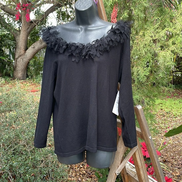 off the shoulder, mixed media silk blend sweater or top - Picture 3 of 7